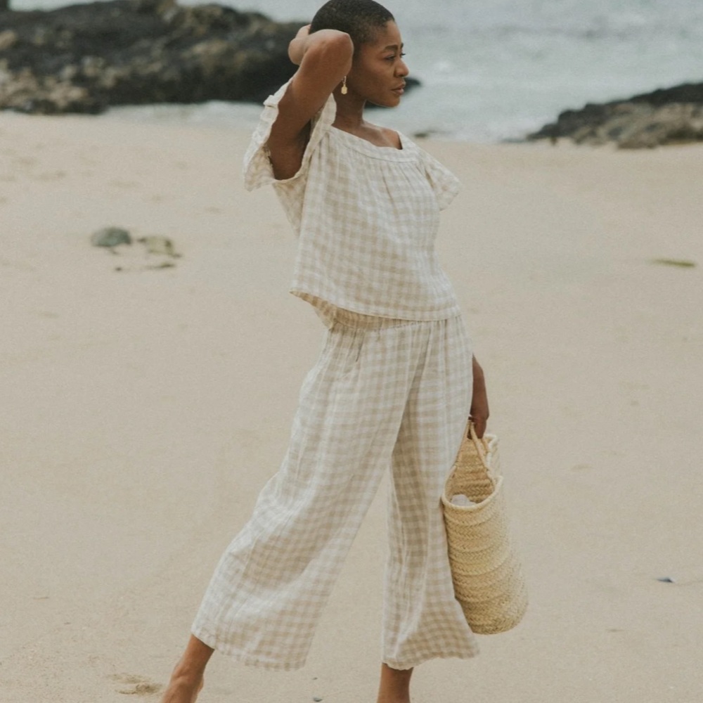 Light Cream Plaid Linen Jumpsuit & Romper Set